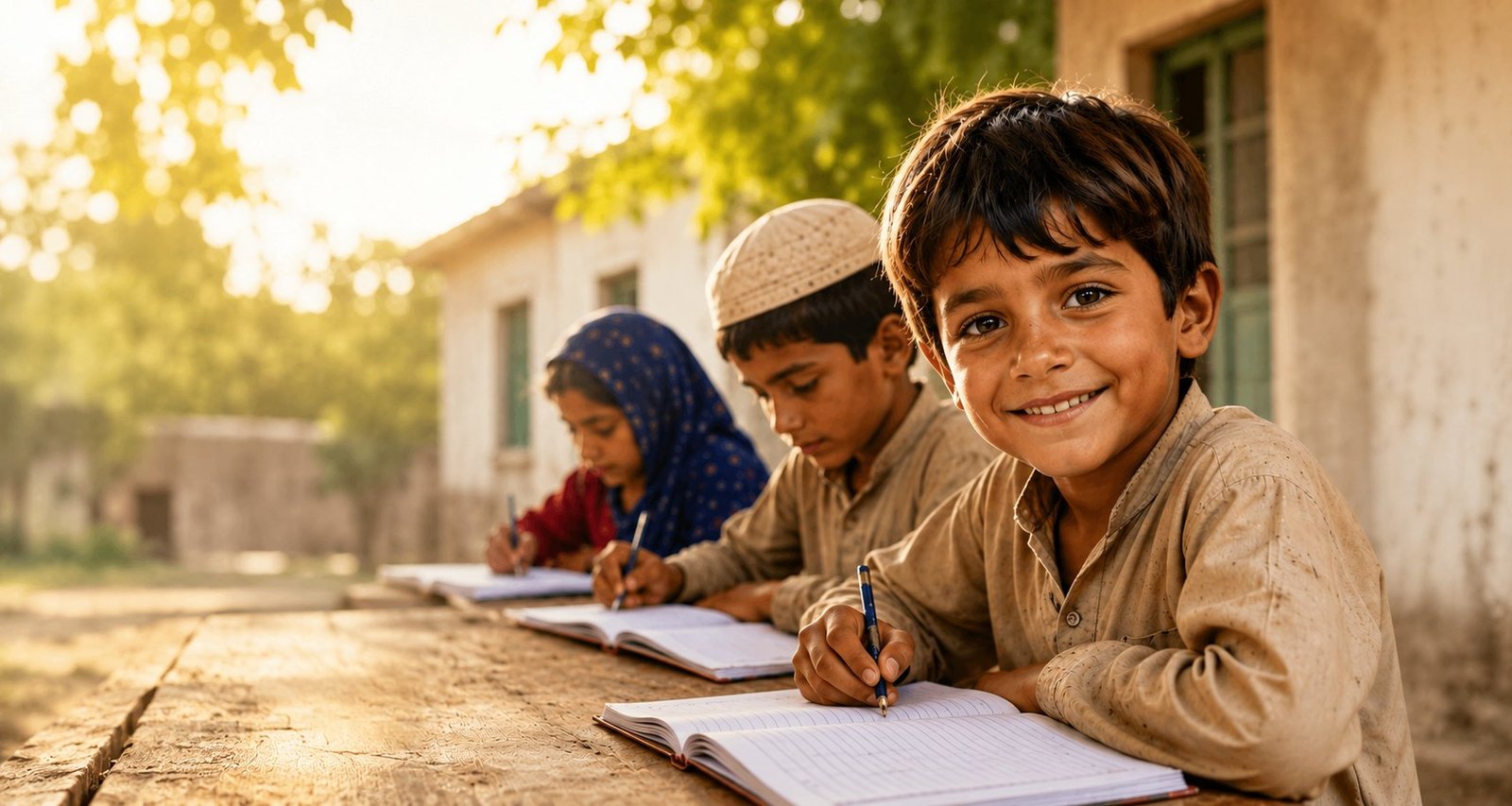 Pakistani children writing in notebooks outside a village school