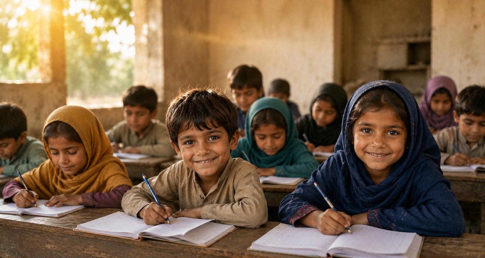 Pakistani boys and girls studying together in a classroom